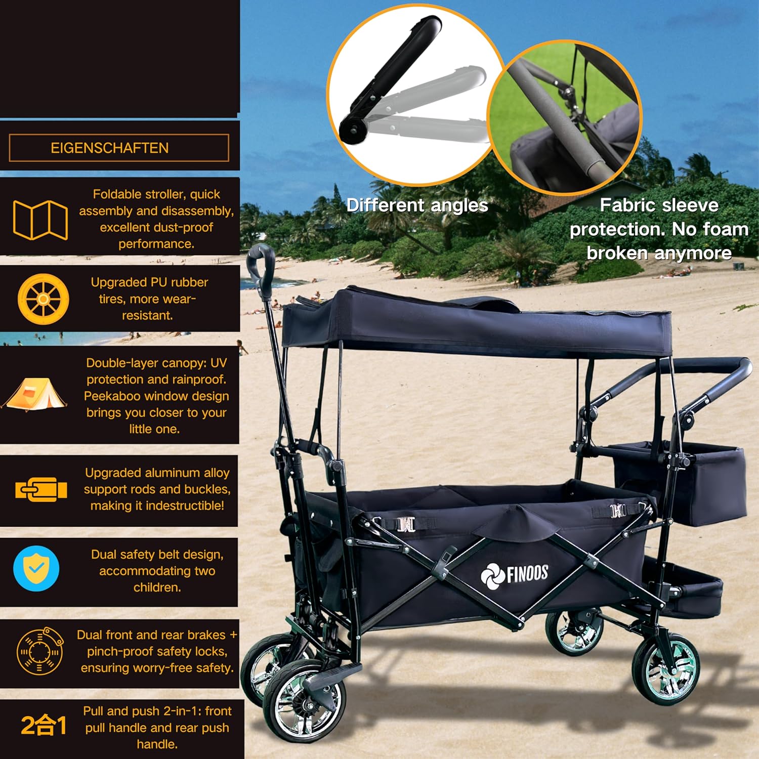 ABC Handwagen mit Dach, klappbar, 80 kg Tragfähigkeit, 2x 3-Punkt-Gurtsystem, Scheibenbremsen