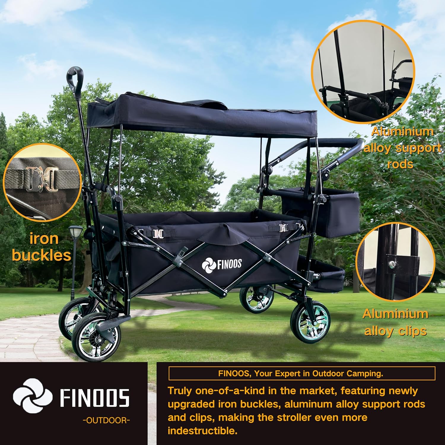 ABC Handwagen mit Dach, klappbar, 80 kg Tragfähigkeit, 2x 3-Punkt-Gurtsystem, Scheibenbremsen