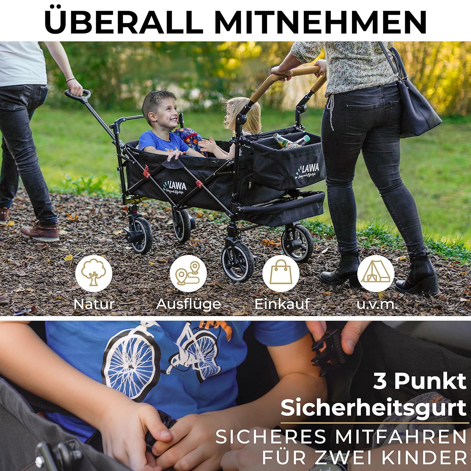ABC Kids Klapp-Kinderwagen mit Dach, 360°-Rollen, Federbremse, 80 kg Tragkraft