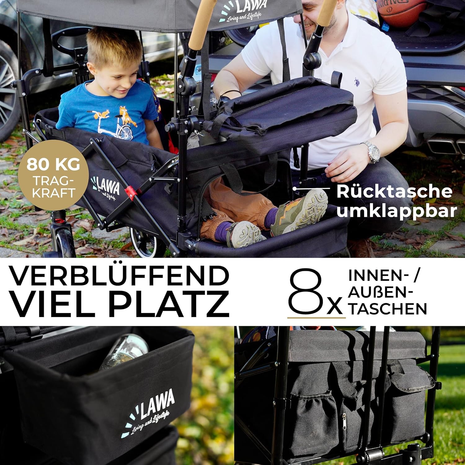 ABC Kids Klapp-Kinderwagen mit Dach, 360°-Rollen, Federbremse, 80 kg Tragkraft