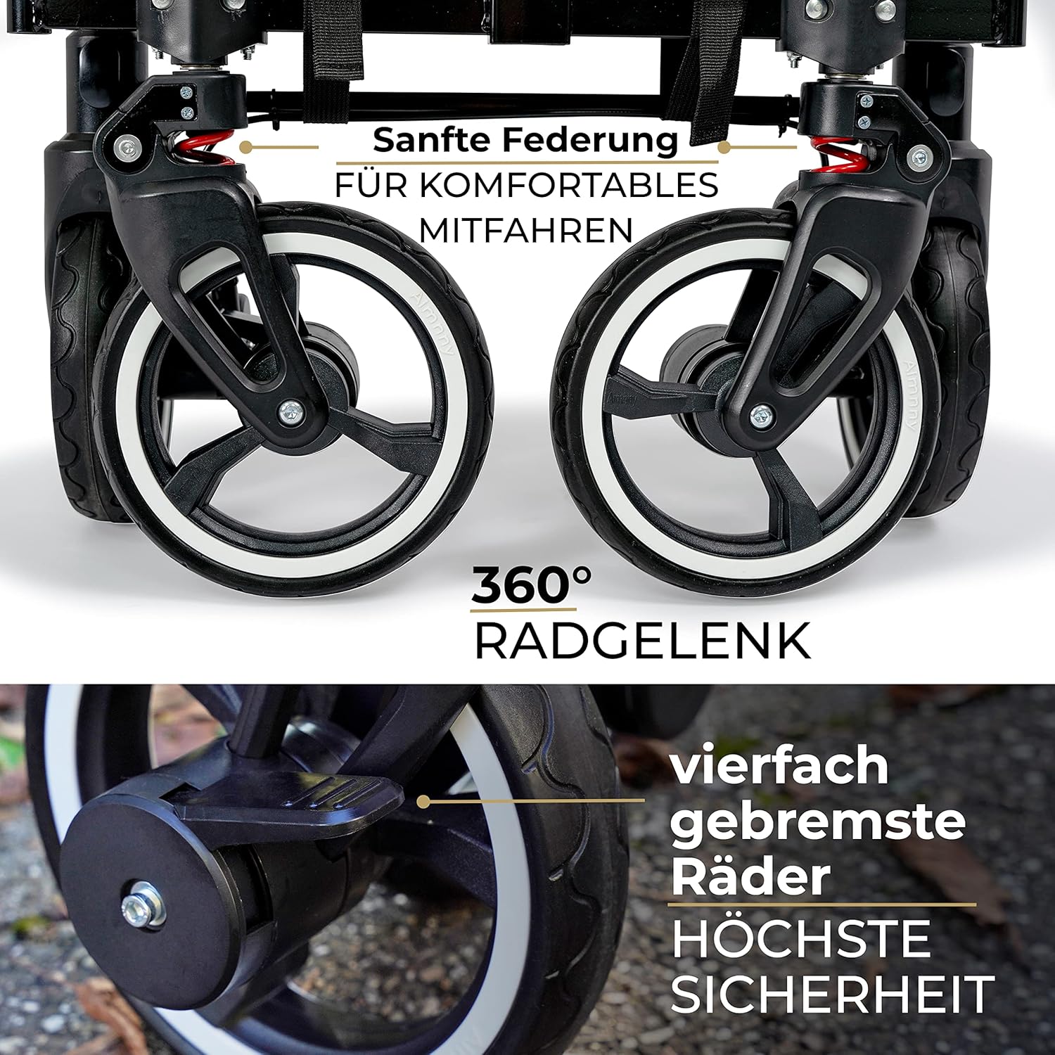 ABC Kids Klapp-Kinderwagen mit Dach, 360°-Rollen, Federbremse, 80 kg Tragkraft