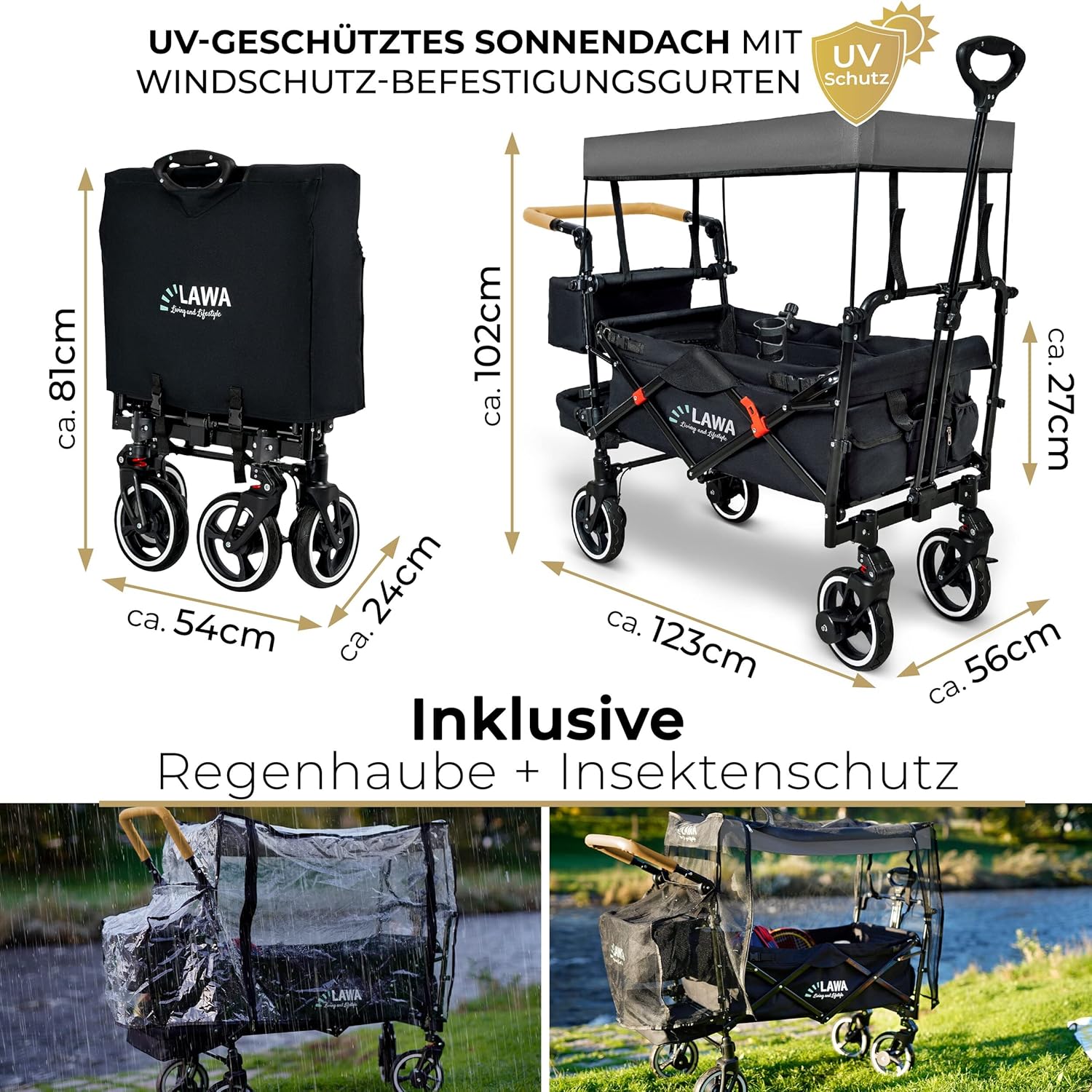 ABC Kids Klapp-Kinderwagen mit Dach, 360°-Rollen, Federbremse, 80 kg Tragkraft