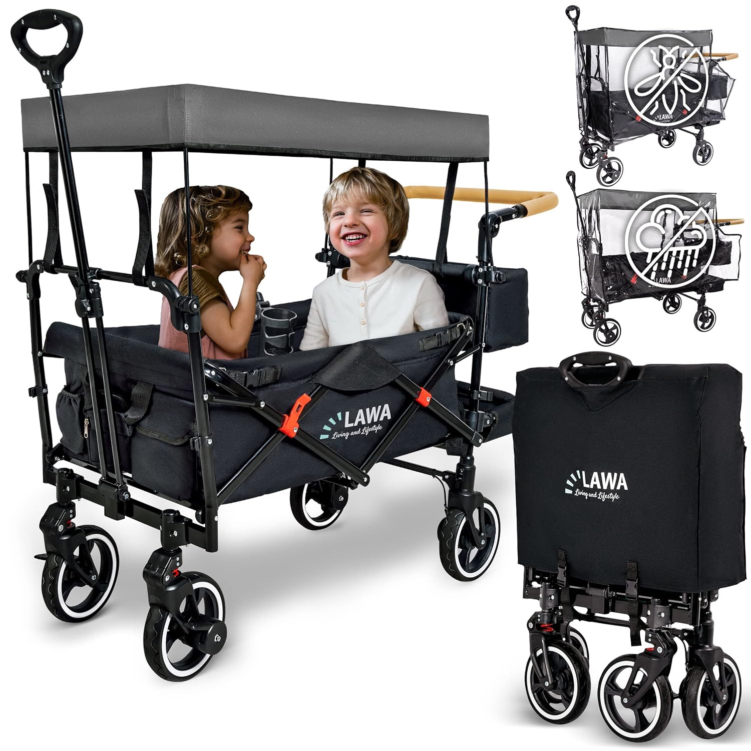 ABC Kids Klapp-Kinderwagen mit Dach, 360°-Rollen, Federbremse, 80 kg Tragkraft