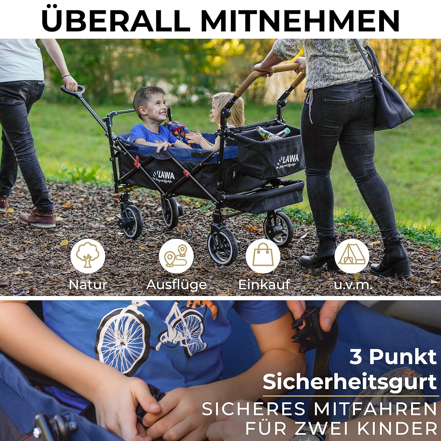 ABC Kids Klappbarer Rollwagen, 360° Lenkrollen, Federbremse, 80 kg Tragkraft