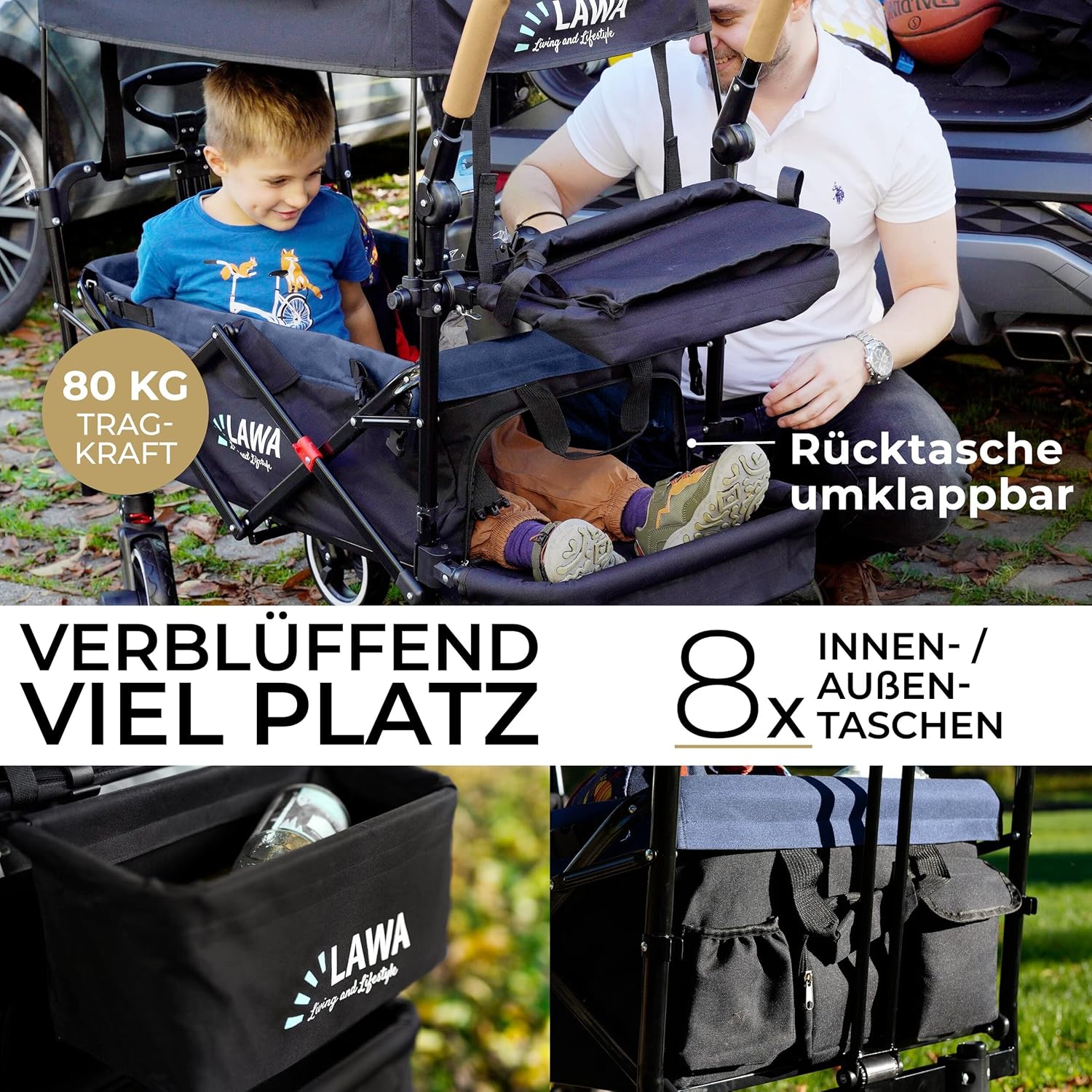 ABC Kids Klappbarer Rollwagen, 360° Lenkrollen, Federbremse, 80 kg Tragkraft