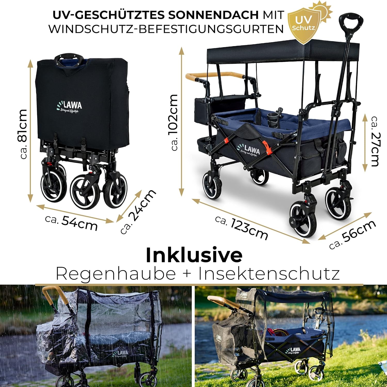 ABC Kids Klappbarer Rollwagen, 360° Lenkrollen, Federbremse, 80 kg Tragkraft