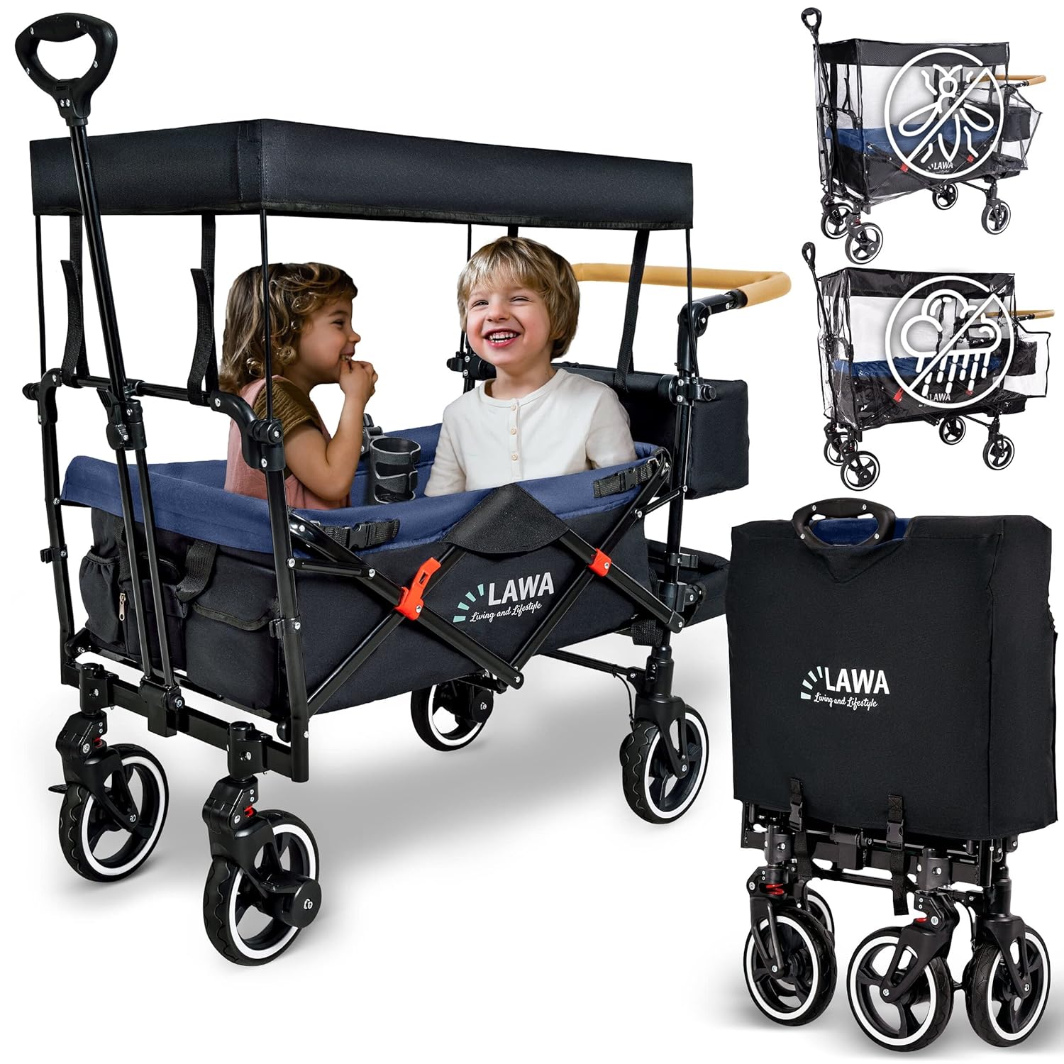 ABC Kids Klappbarer Rollwagen, 360° Lenkrollen, Federbremse, 80 kg Tragkraft