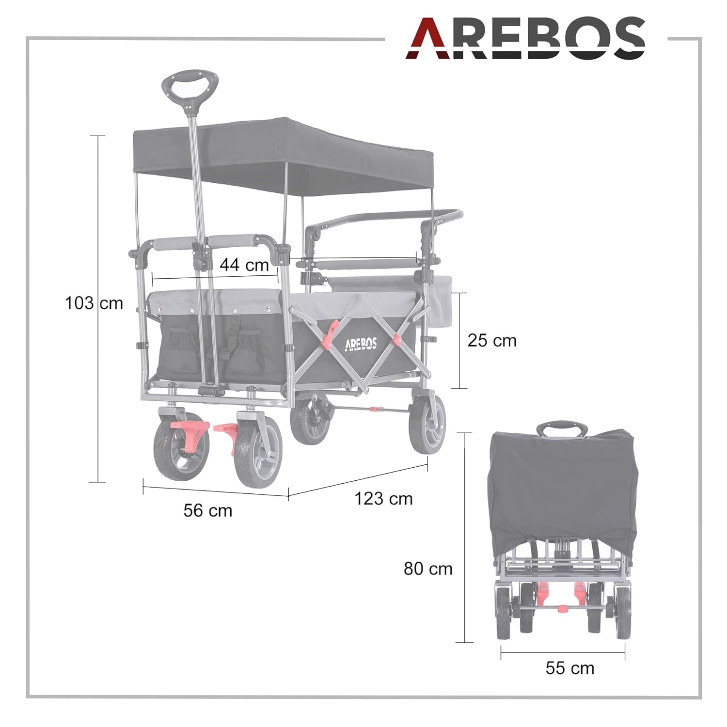 Arebos Handwagen Premium, faltbar mit Dach, 100 kg Tragkraft, Bremse vorn und hinten, Schwarz