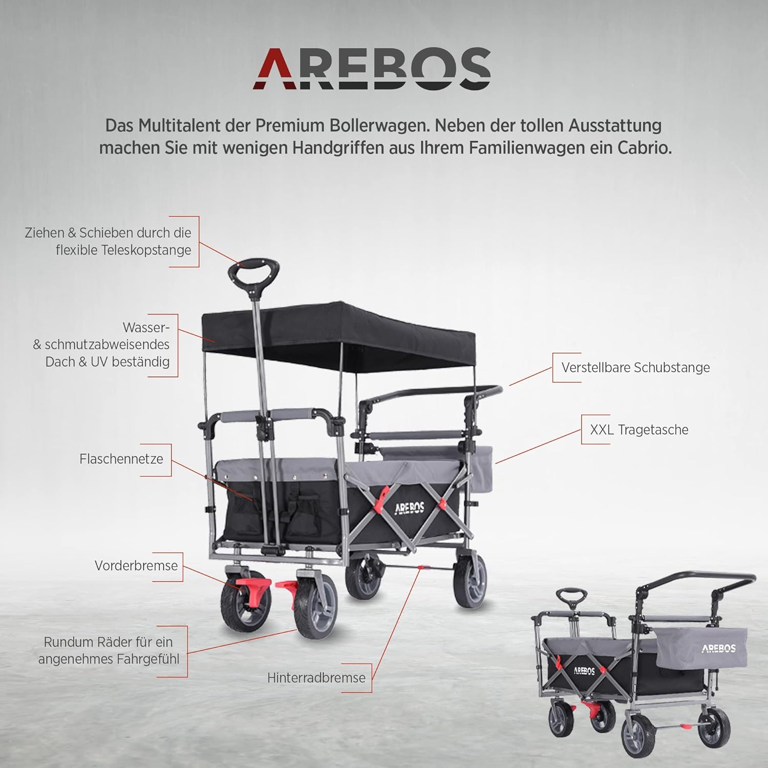 Arebos Handwagen Premium, faltbar mit Dach, 100 kg Tragkraft, Bremse vorn und hinten, Schwarz