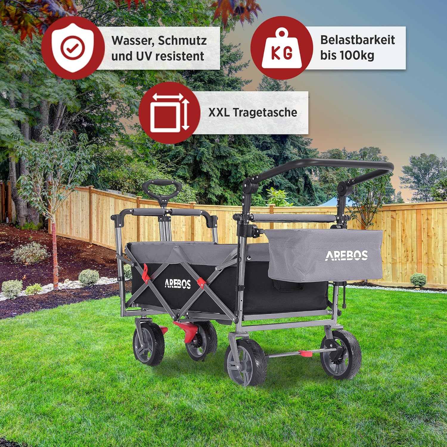 Arebos Handwagen Premium, faltbar mit Dach, 100 kg Tragkraft, Bremse vorn und hinten, Schwarz