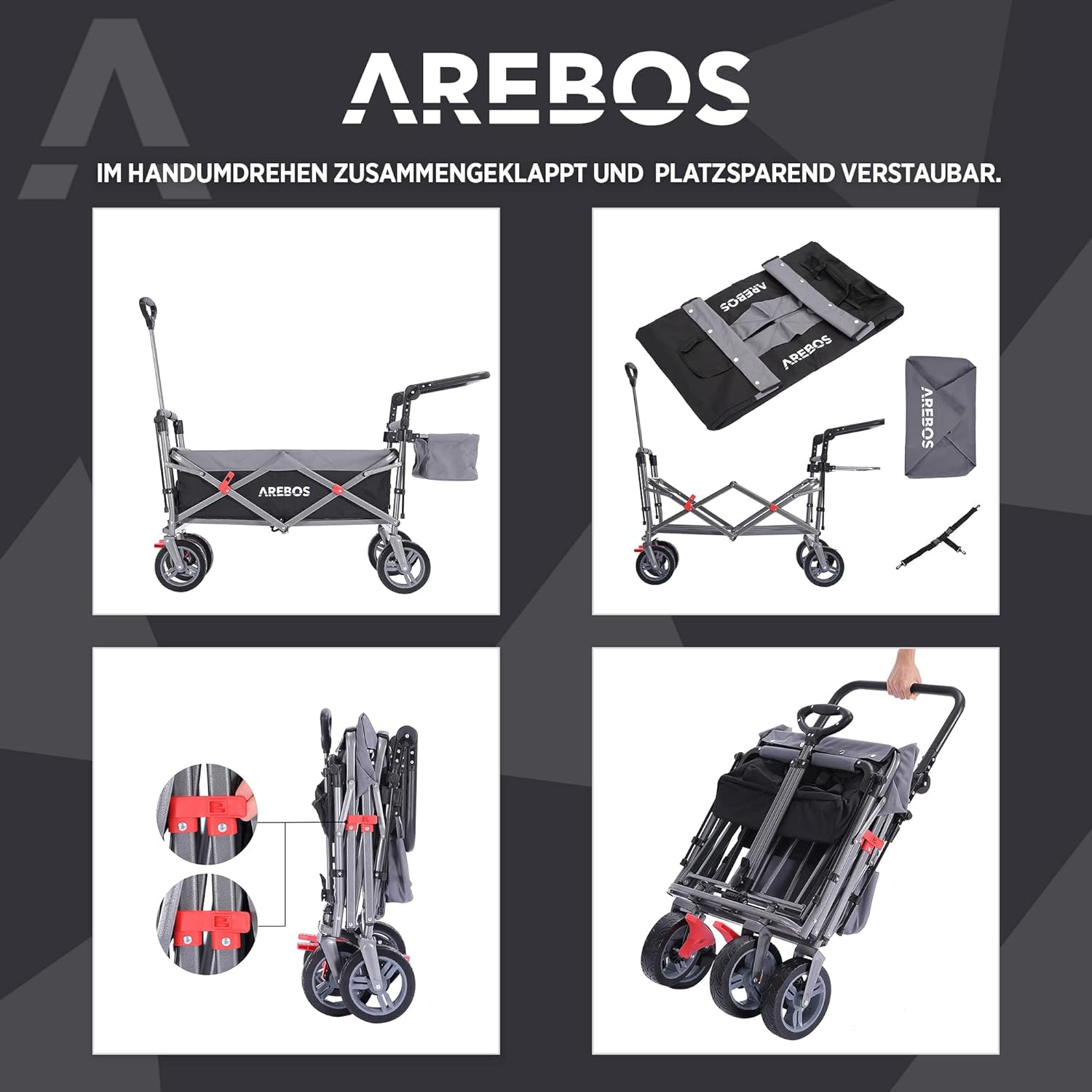 Arebos Handwagen Premium, faltbar mit Dach, 100 kg Tragkraft, Bremse vorn und hinten, Schwarz