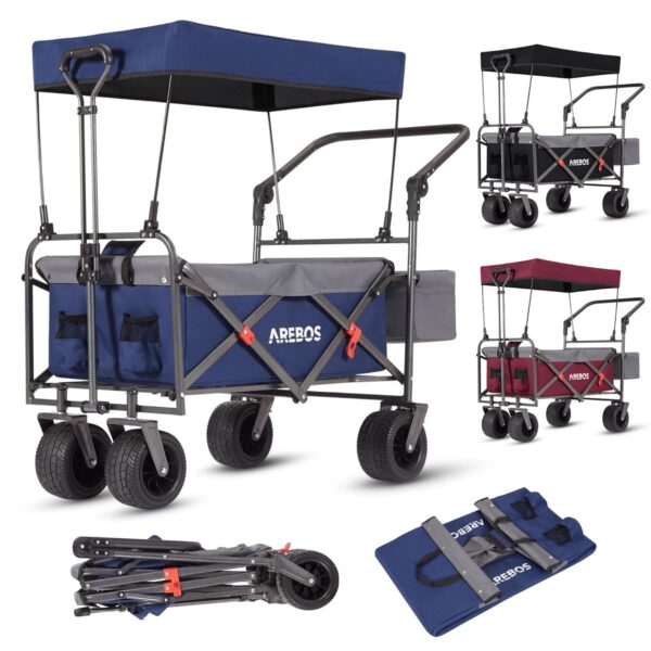 Arebos Klappbarer Bollerwagen mit Dach, 3-Punkt-Gurt, 360°-Räder, 100 kg Tragfähigkeit