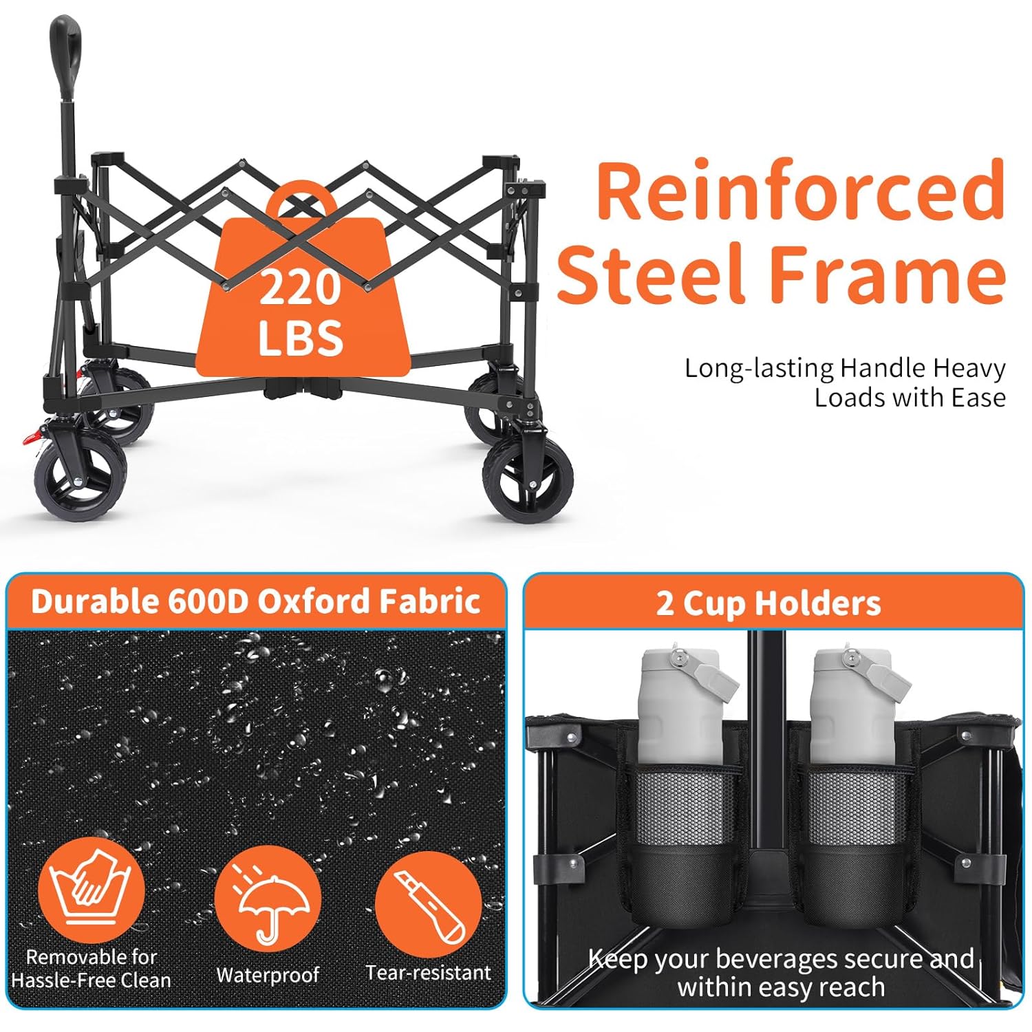 BELEEV Handwagen XXL 100kg klappbar mit Bremsen, All-Terrain Rädern, Getränkehalter