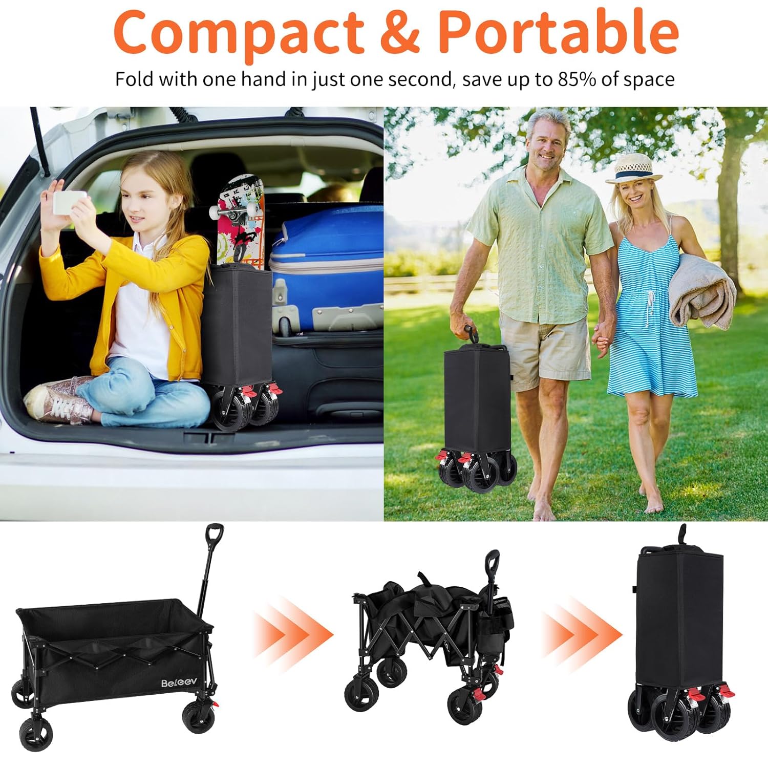 BELEEV Handwagen XXL 100kg klappbar mit Bremsen, All-Terrain Rädern, Getränkehalter