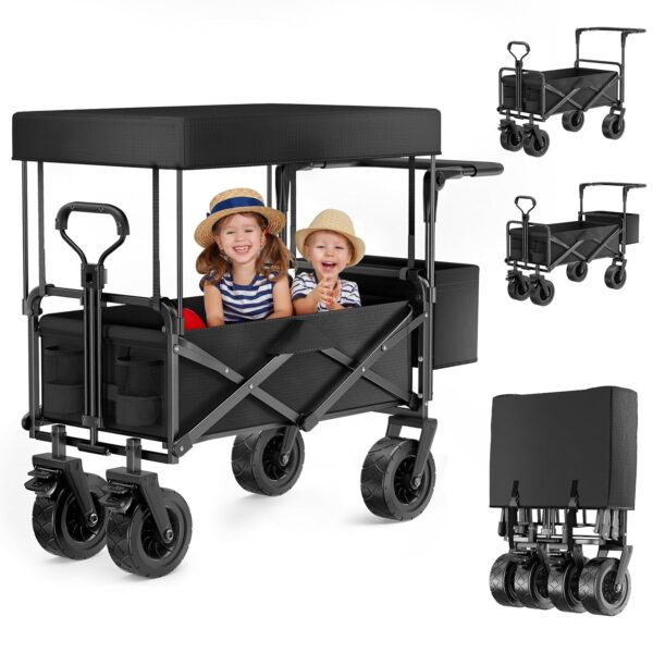 [Brand] Klappbarer Gartenroller 100 kg Tragfähigkeit, Dach, große Räder, verstellbarer Griff