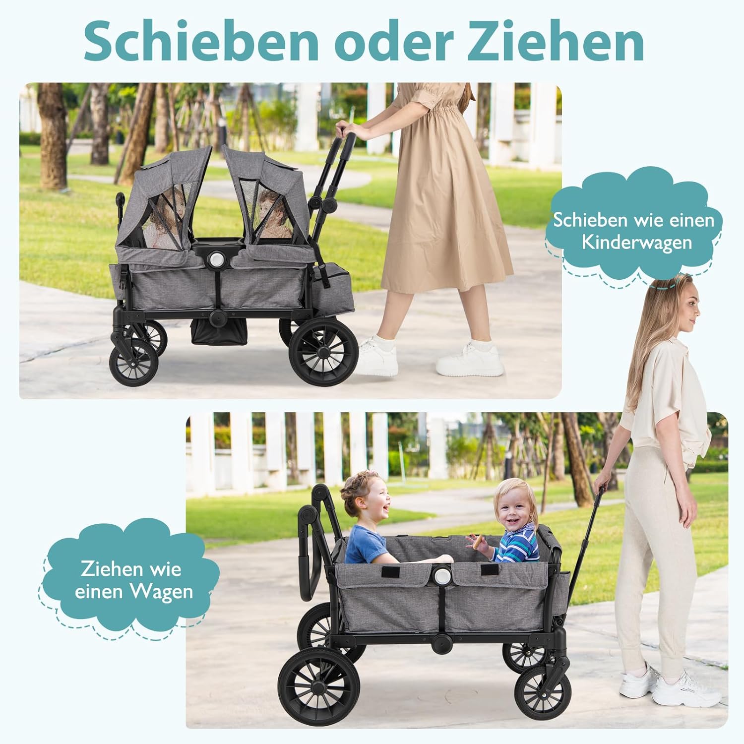 COSTWAY 2-in-1 Kombikinderwagen Faltbar Verstellbarer Griff Abnehmbare Haube Grau