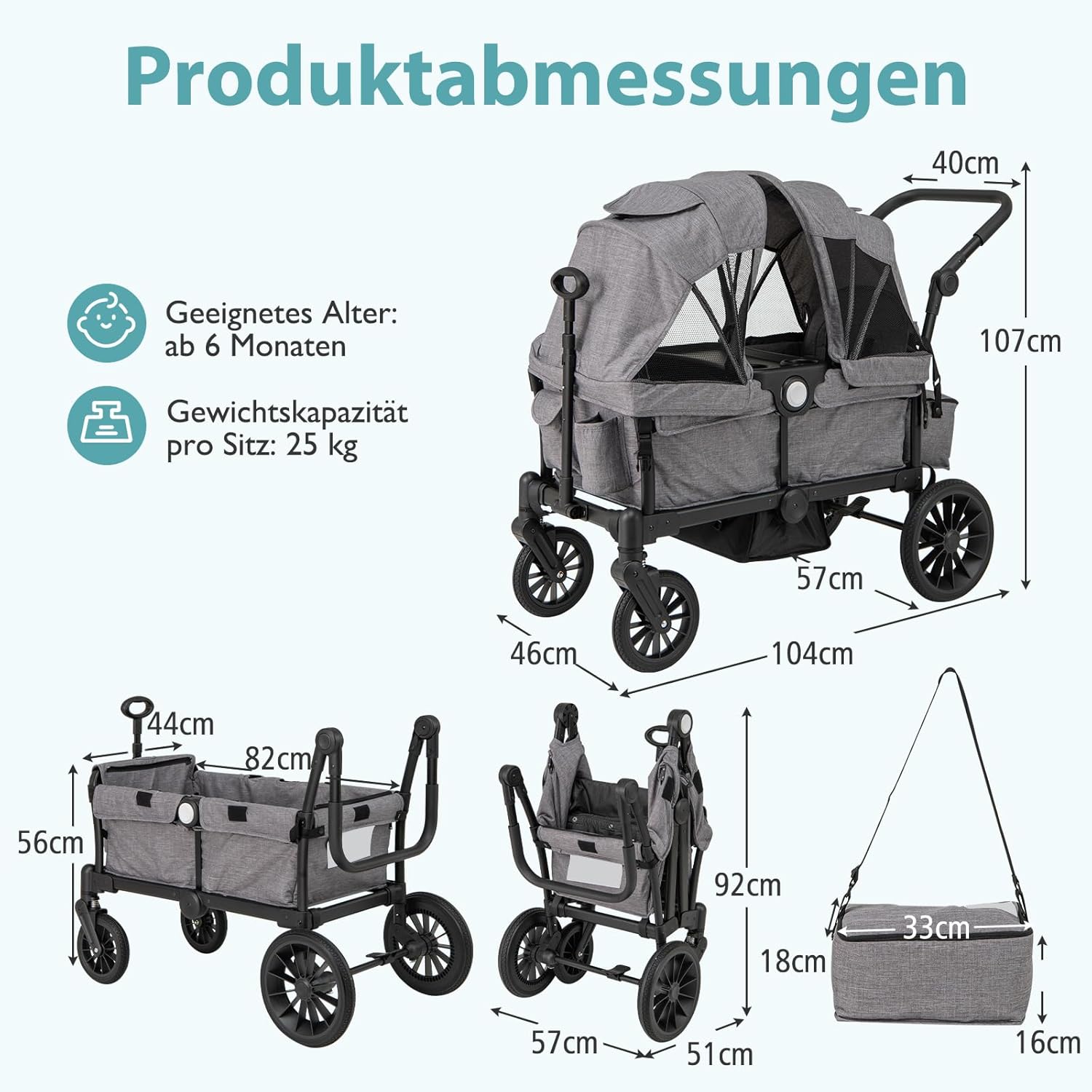 COSTWAY 2-in-1 Kombikinderwagen Faltbar Verstellbarer Griff Abnehmbare Haube Grau