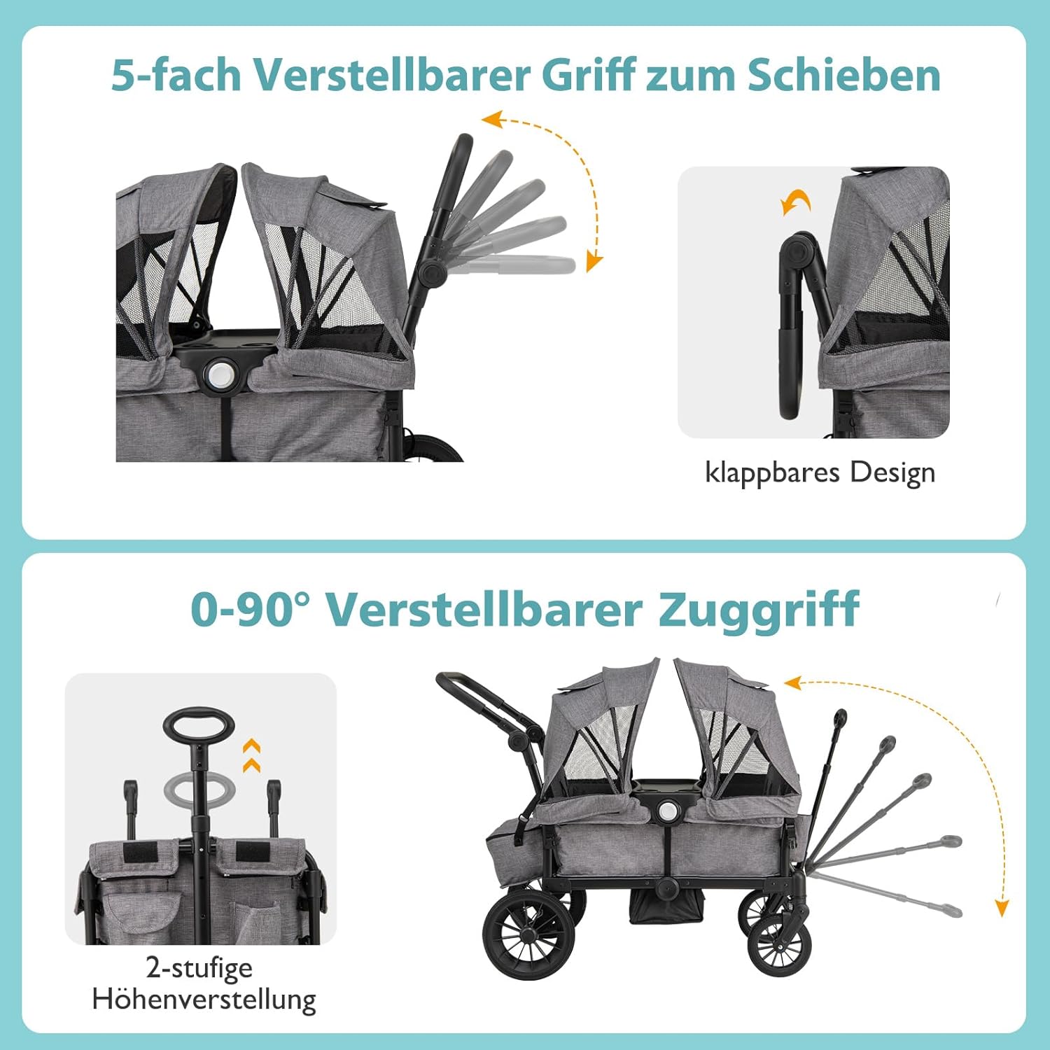 COSTWAY 2-in-1 Kombikinderwagen Faltbar Verstellbarer Griff Abnehmbare Haube Grau