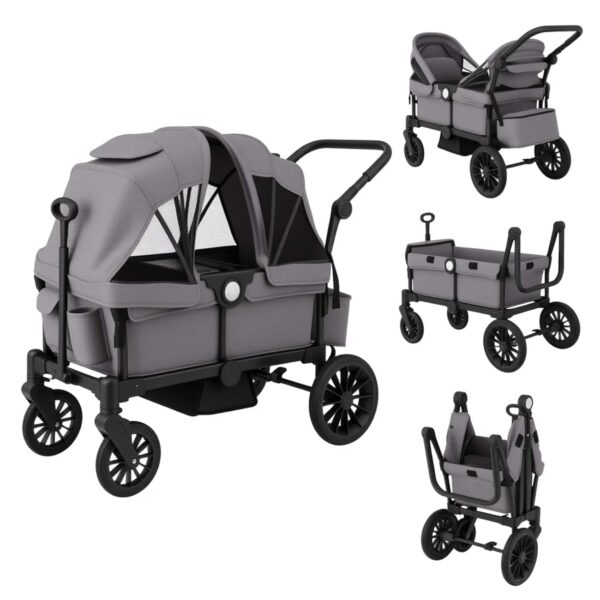 COSTWAY 2-in-1 Kombikinderwagen Faltbar Verstellbarer Griff Abnehmbare Haube Grau