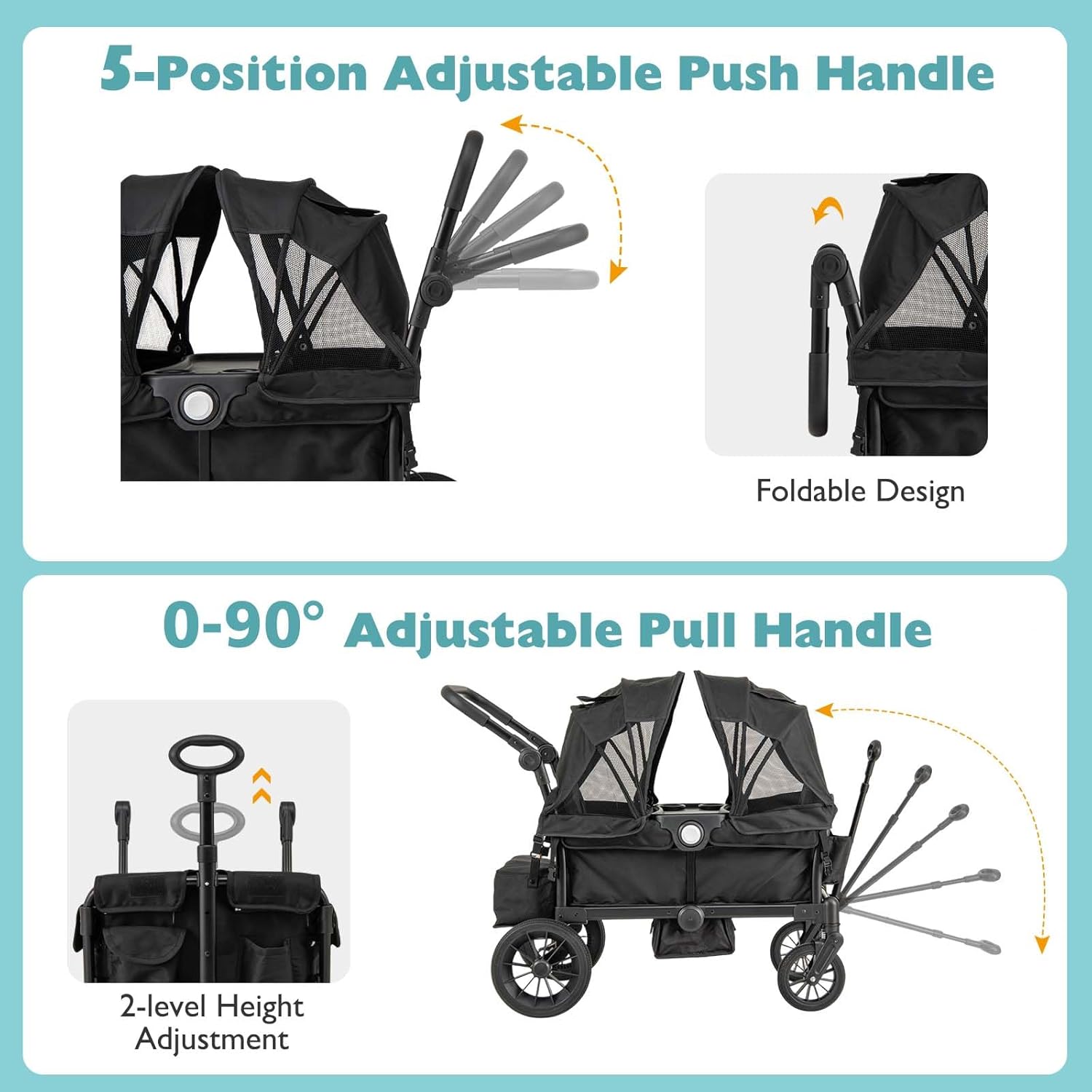 DREAMADE Doppelt Kinderwagen faltbar, verstellbarer Griff, Sonnendach, ab 6 Monate