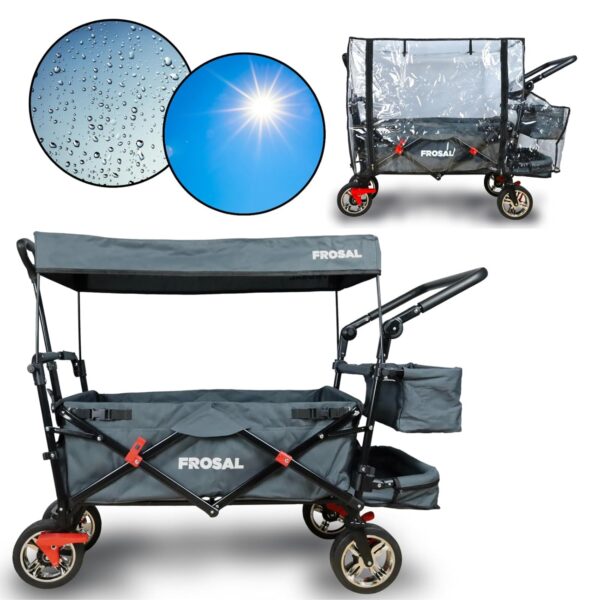 FROSAL Leo Klappbarer Bollerwagen Grau mit Regenschutz für Kinder