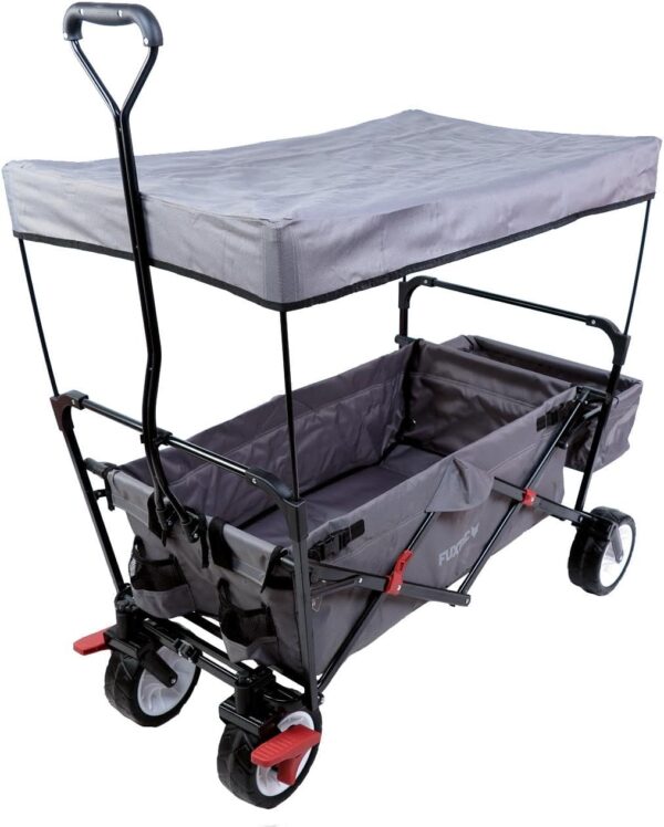 FUXTEC Klappbarer Bollerwagen mit Dach, Feststellbremse, Strandreifen – Grau