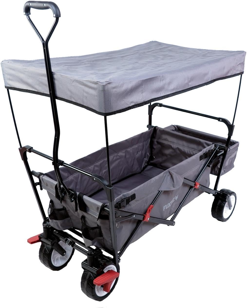 FUXTEC Klappbarer Bollerwagen mit Dach, Feststellbremse, Strandreifen – Grau
