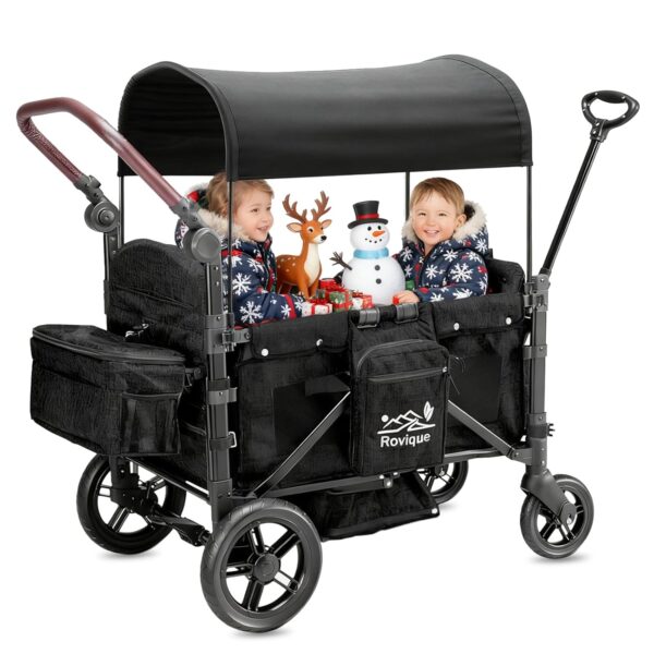 Handcart Foldable 2-Sitzer Schubkarre mit verstellbarem Sonnensegel, 5-Punkt-Gurt, höhenverstellbarem Griff und PU-Rädern mit Bremse