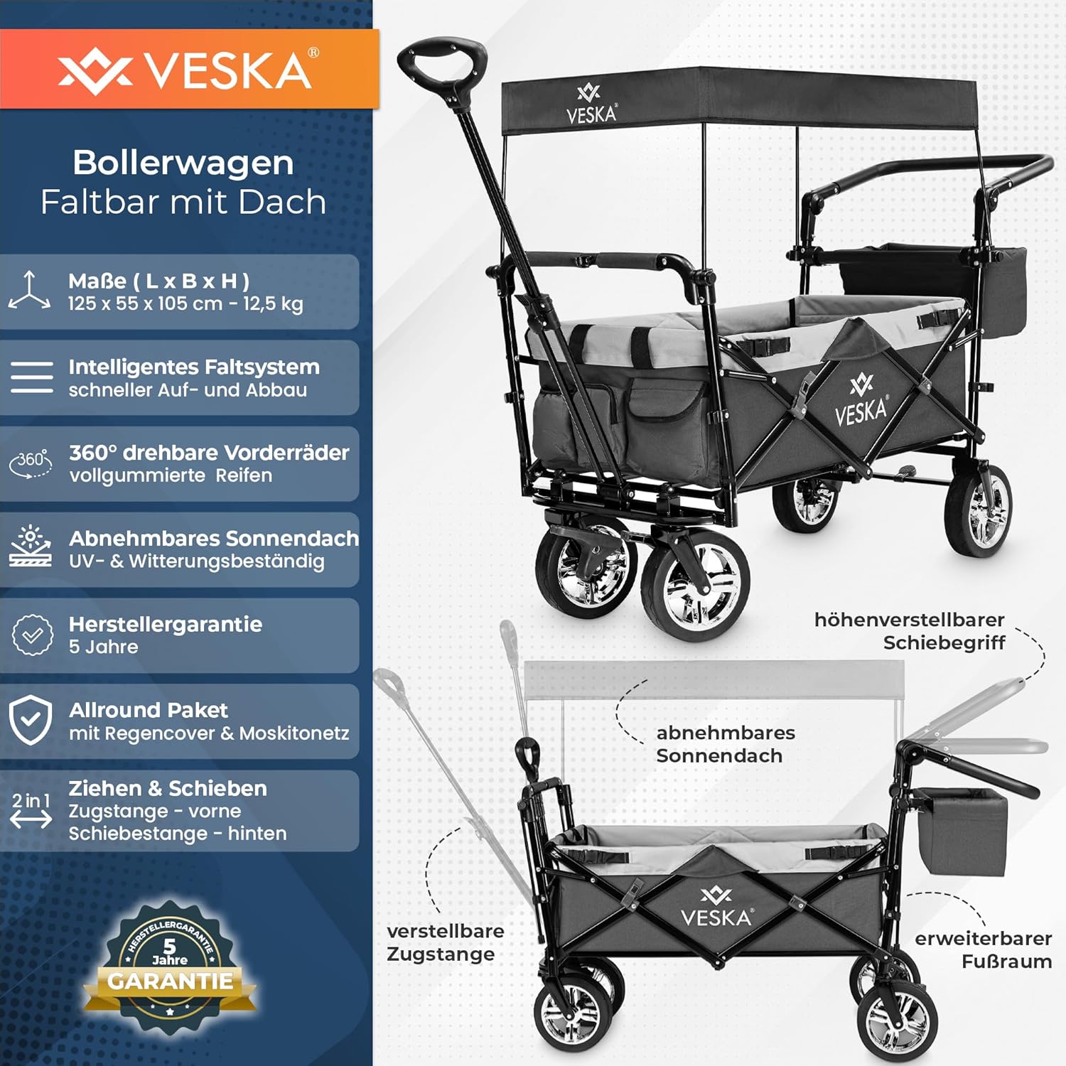 Handcart Foldable Bollerwagen mit Dach, Moskitonetz, Festgummiräder, 80 kg Tragfähigkeit, vorne und hinten Bremse