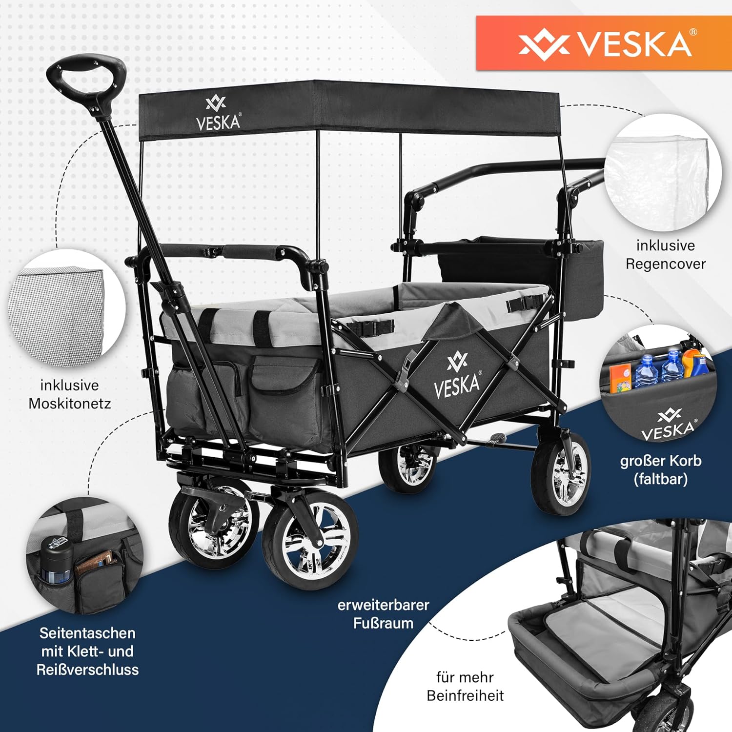 Handcart Foldable Bollerwagen mit Dach, Moskitonetz, Festgummiräder, 80 kg Tragfähigkeit, vorne und hinten Bremse