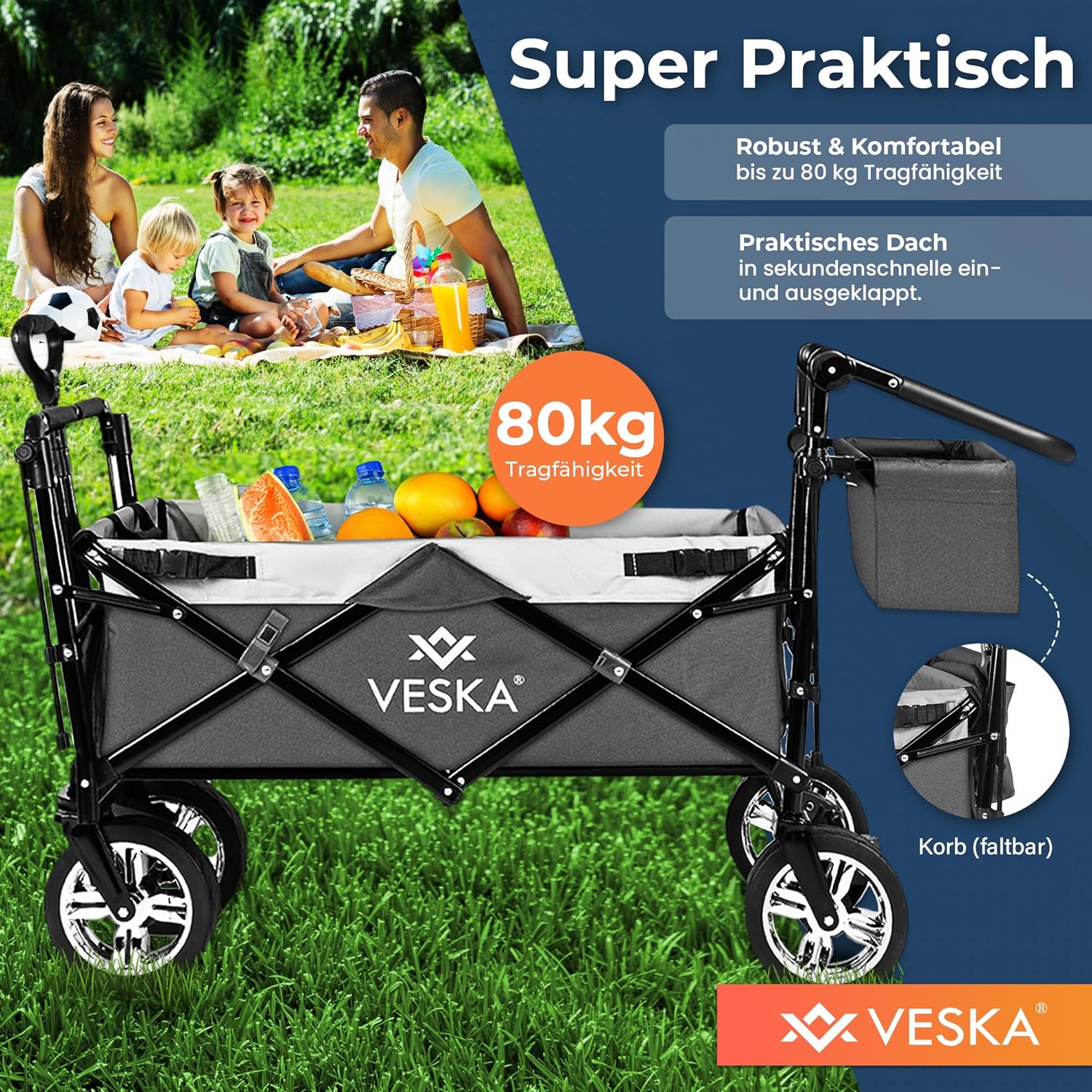 Handcart Foldable Bollerwagen mit Dach, Moskitonetz, Festgummiräder, 80 kg Tragfähigkeit, vorne und hinten Bremse
