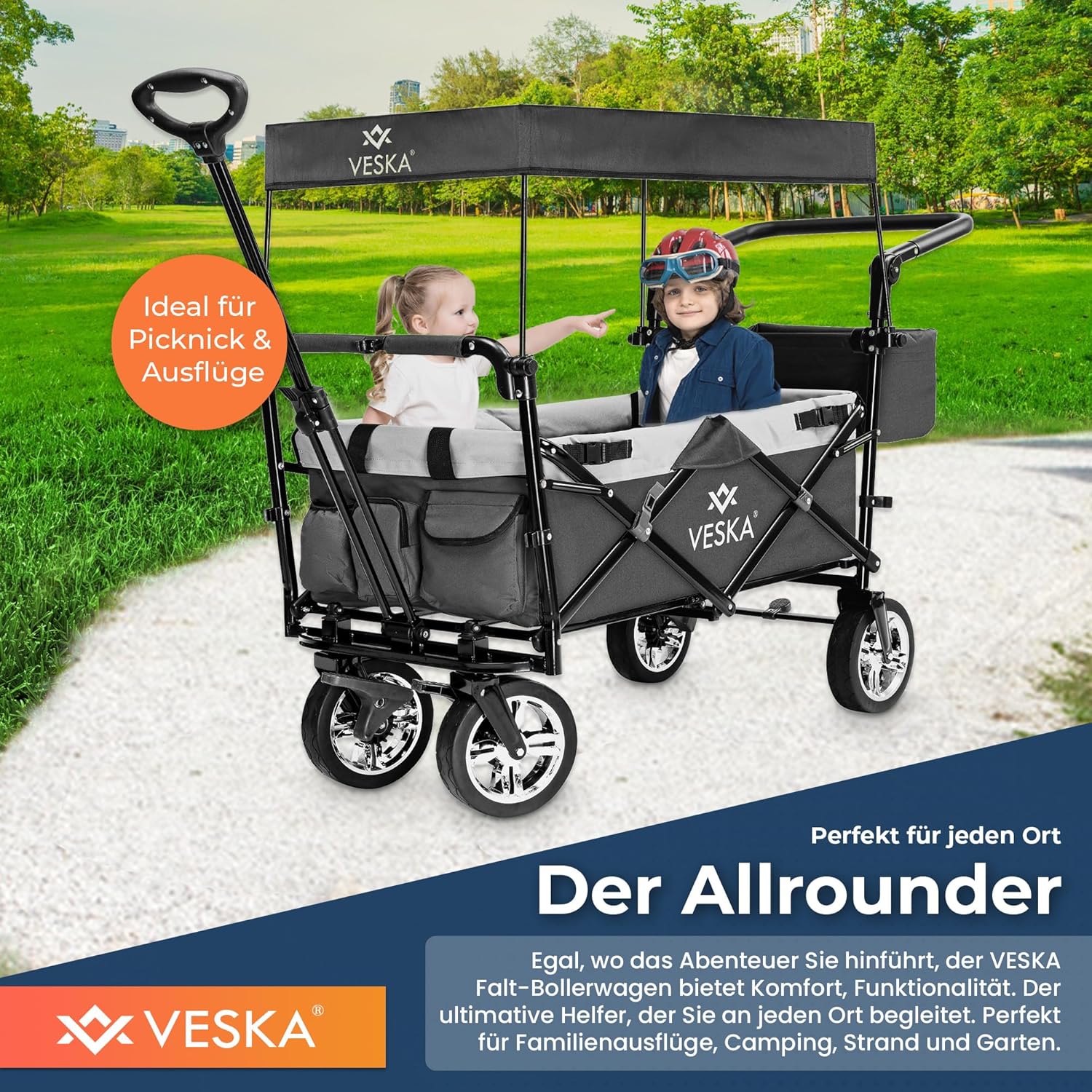 Handcart Foldable Bollerwagen mit Dach, Moskitonetz, Festgummiräder, 80 kg Tragfähigkeit, vorne und hinten Bremse