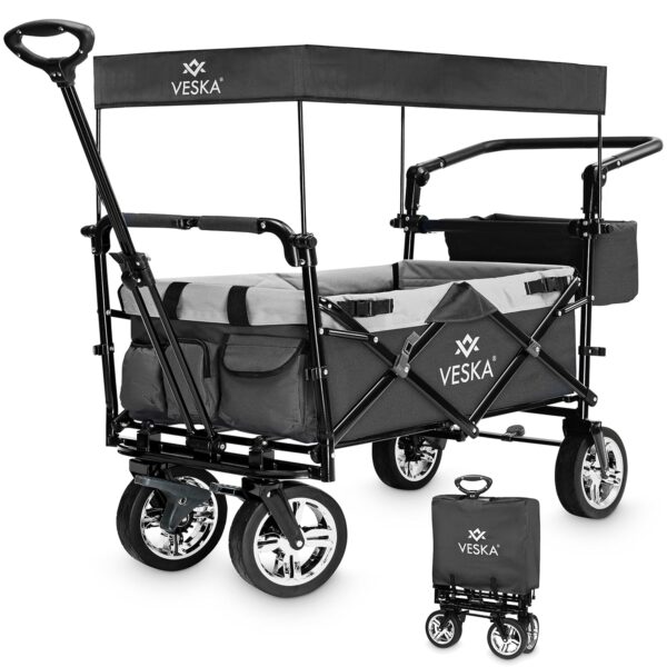 Handcart Foldable Bollerwagen mit Dach, Moskitonetz, Festgummiräder, 80 kg Tragfähigkeit, vorne und hinten Bremse