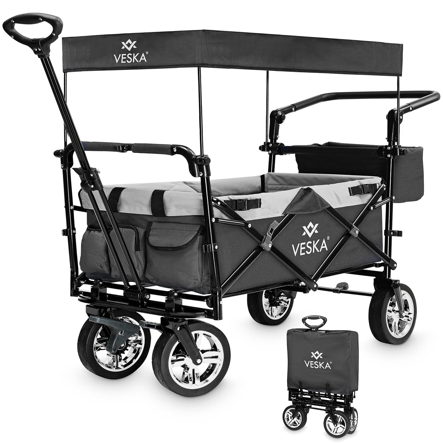 Handcart Foldable Bollerwagen mit Dach, Moskitonetz, Festgummiräder, 80 kg Tragfähigkeit, vorne und hinten Bremse
