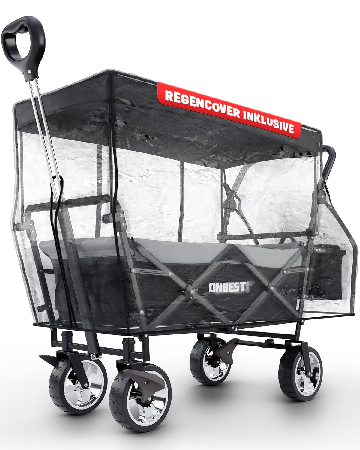 Handcart Foldable – Klappbarer Bollerwagen mit Regenschutz & Sonnendach, Kühltasche, Getränkehalter – Schwarz