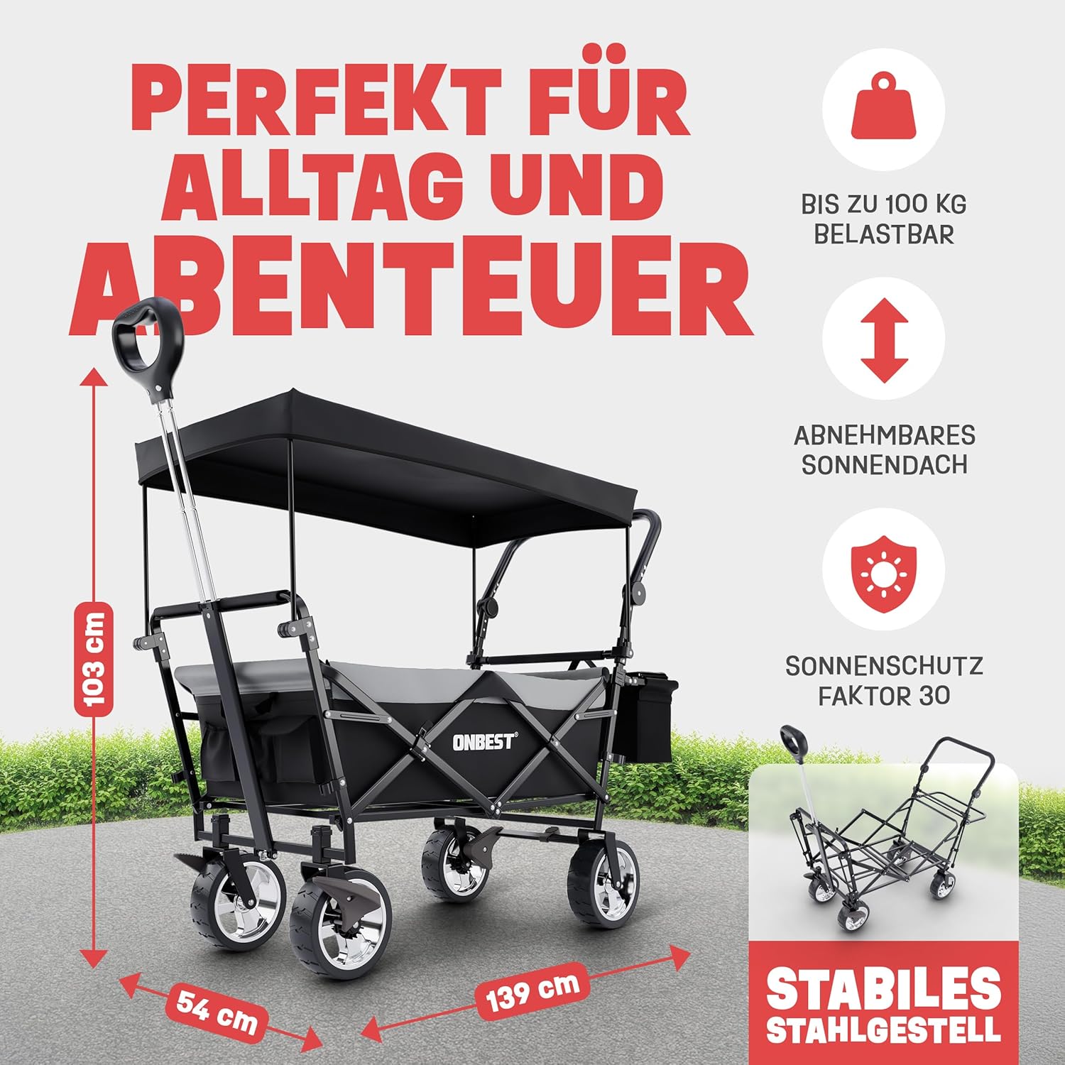 Handcart Foldable – Klappbarer Bollerwagen mit Regenschutz & Sonnendach, Kühltasche, Getränkehalter – Schwarz