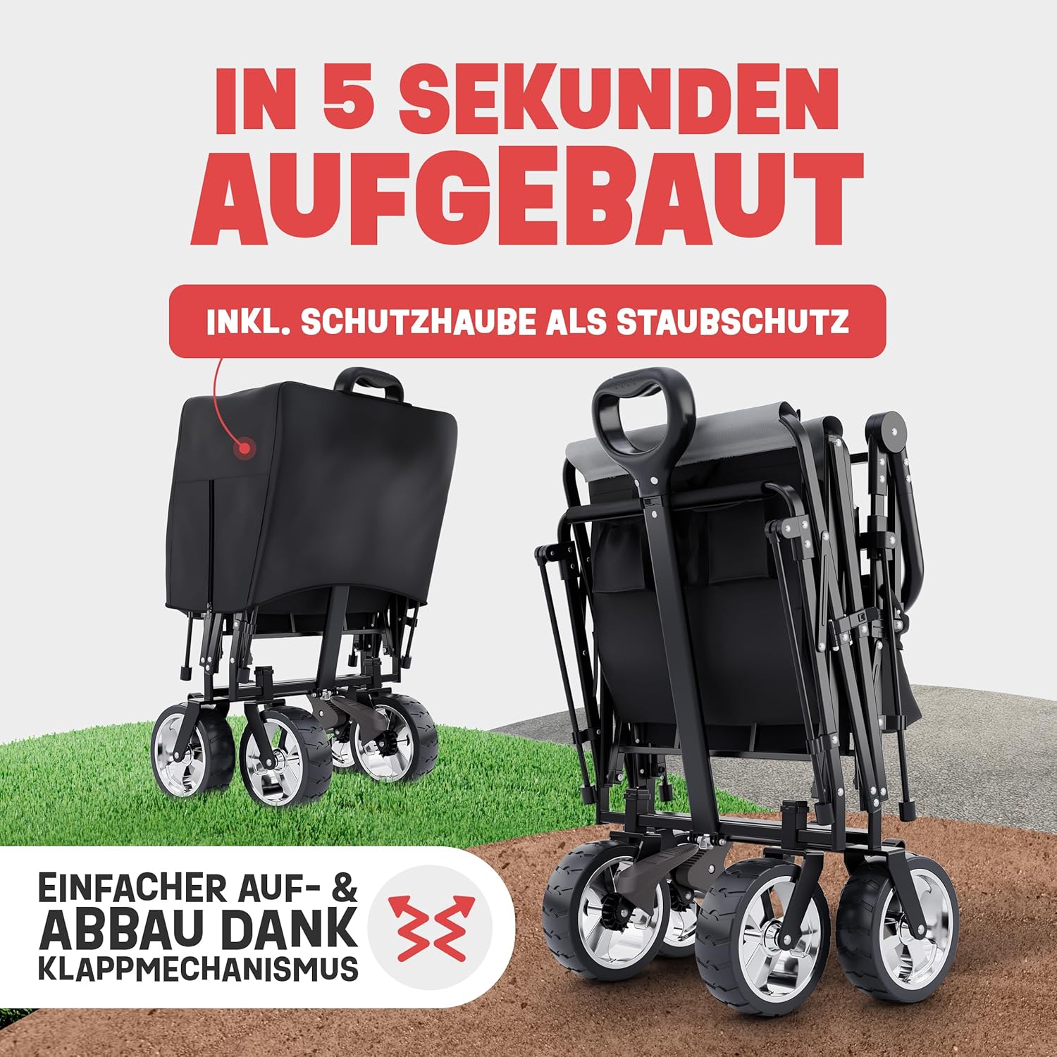 Handcart Foldable – Klappbarer Bollerwagen mit Regenschutz & Sonnendach, Kühltasche, Getränkehalter – Schwarz