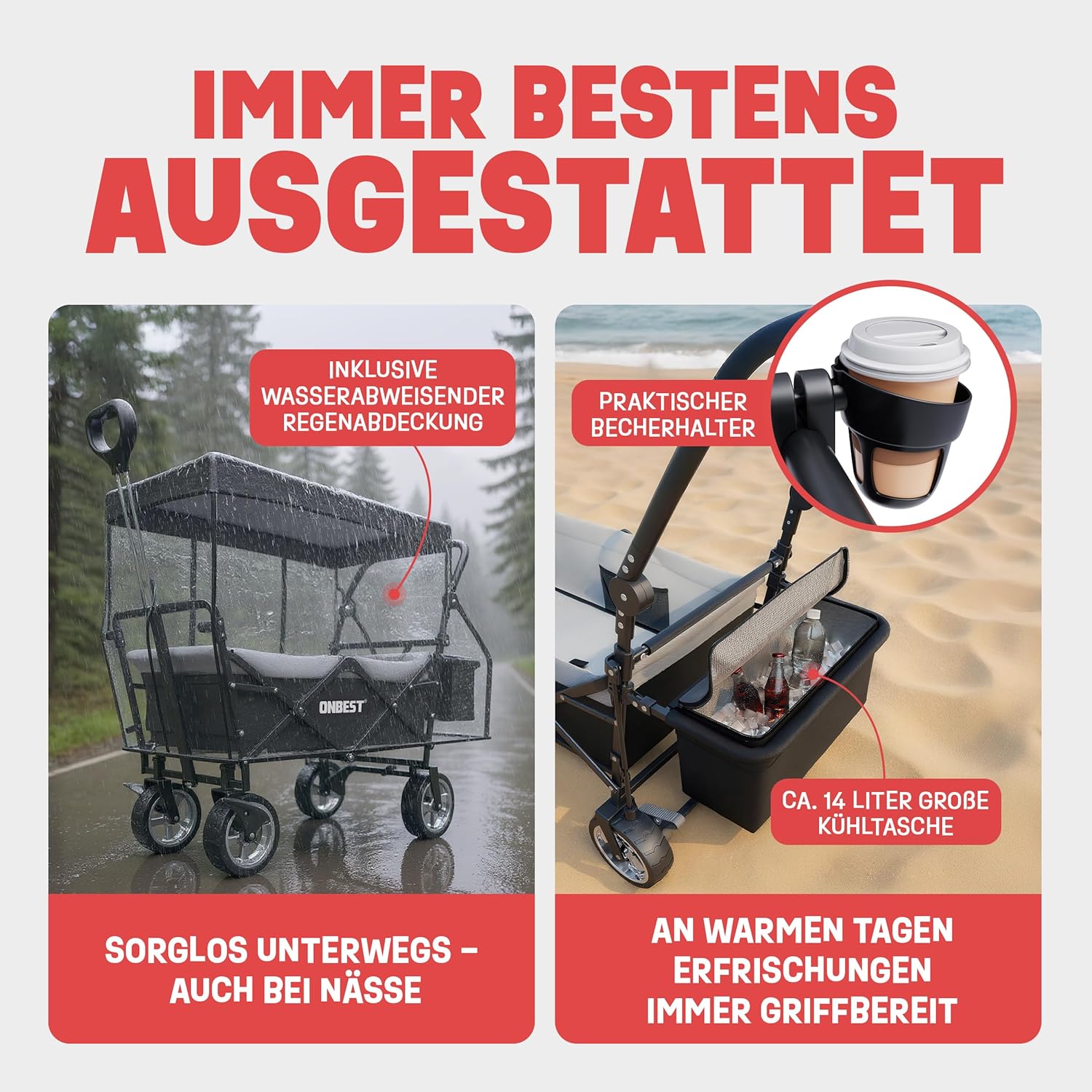 Handcart Foldable – Klappbarer Bollerwagen mit Regenschutz & Sonnendach, Kühltasche, Getränkehalter – Schwarz