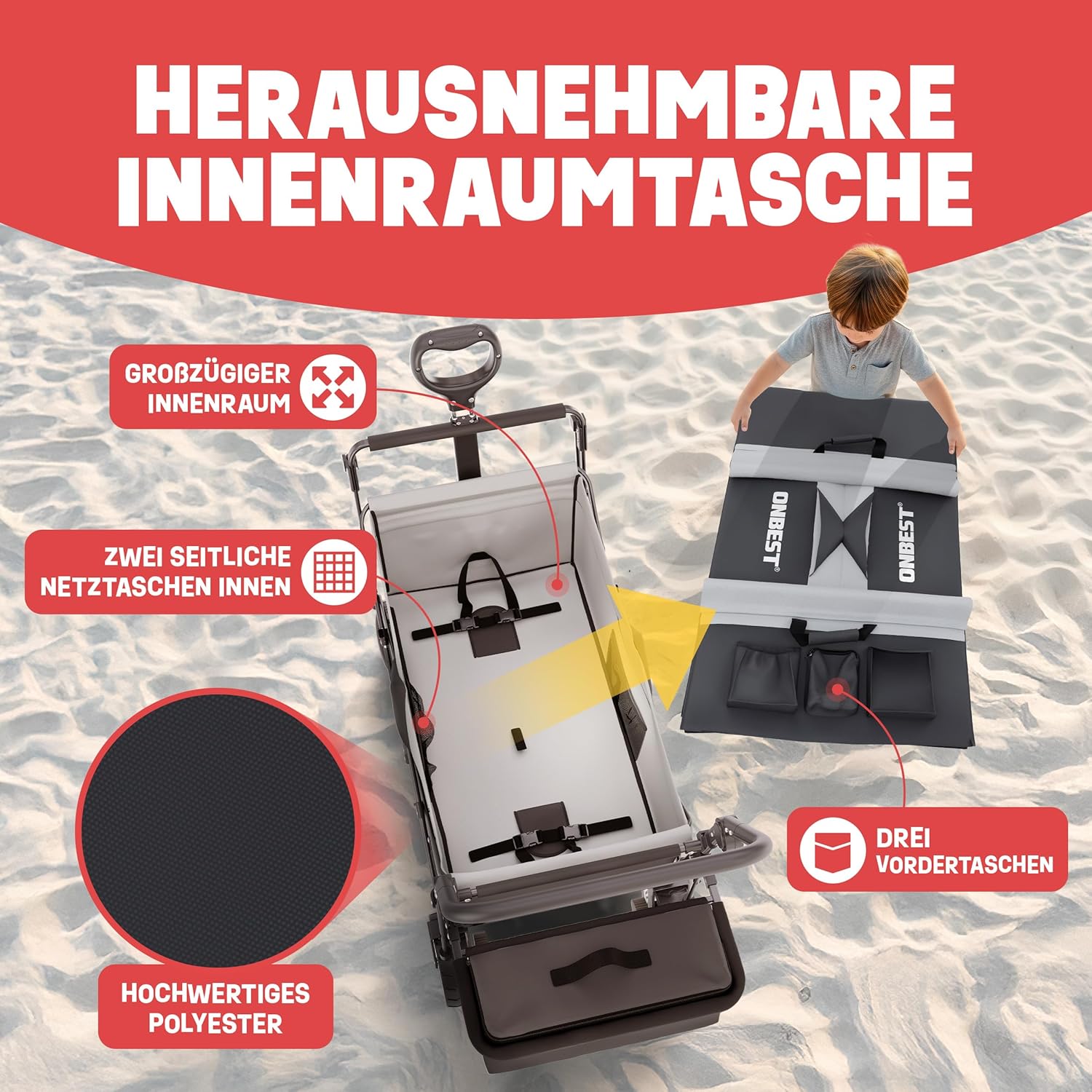 Handcart Foldable – Klappbarer Bollerwagen mit Regenschutz & Sonnendach, Kühltasche, Getränkehalter – Schwarz