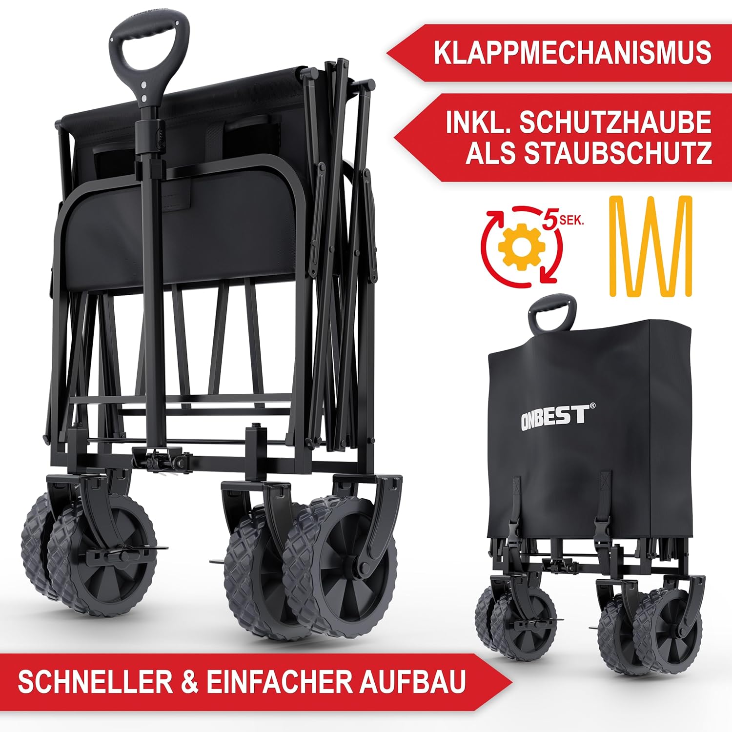 Handcart Foldable – Klappbarer Transportwagen mit Regenschutz, Schwarzer Faltkarren für Outdoor