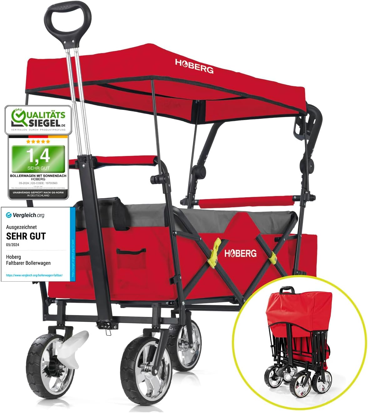 Hoberg Premium Klappbarer Transportwagen mit UV-Schutzdach, Getränkehalter & Bremse