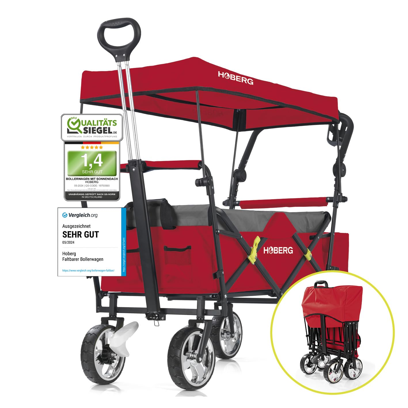 Hoberg Premium Klappbarer Transportwagen mit UV-Schutzdach, Getränkehalter & Bremse