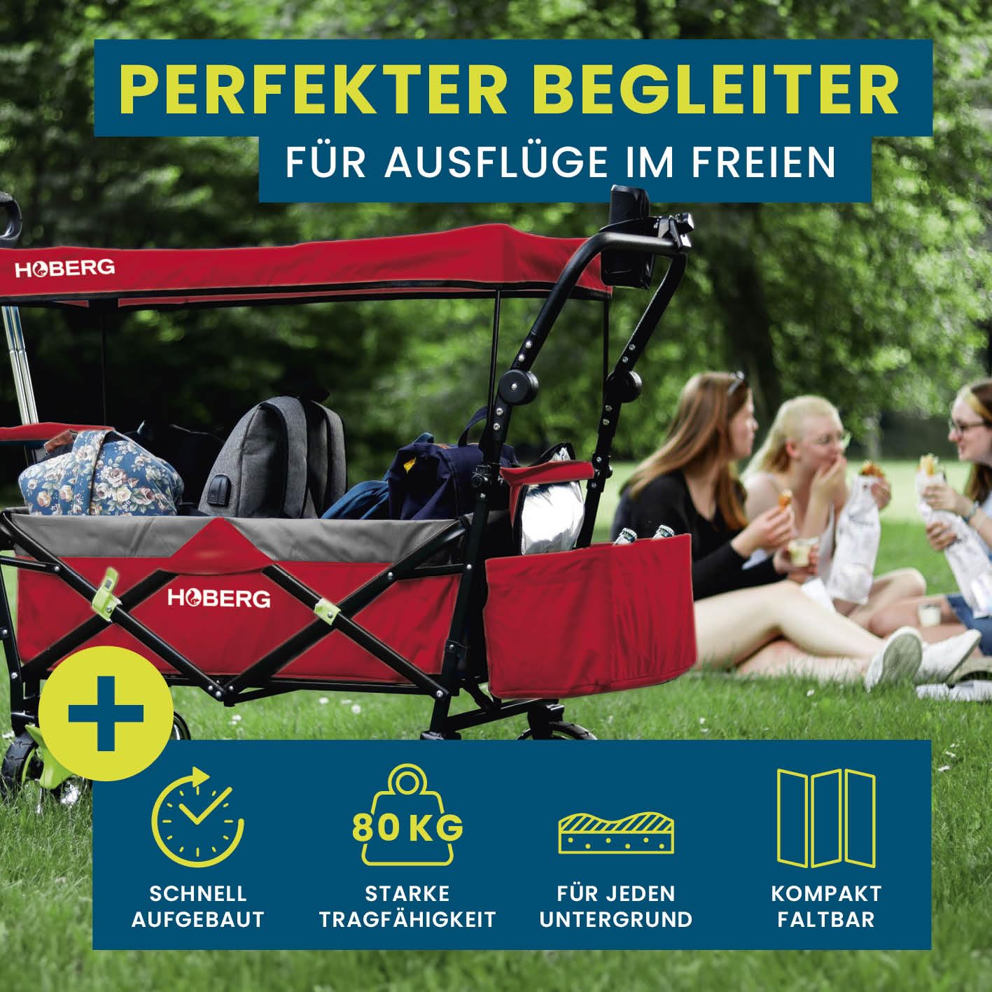 Hoberg Premium Klappbarer Transportwagen mit UV-Schutzdach, Getränkehalter & Bremse