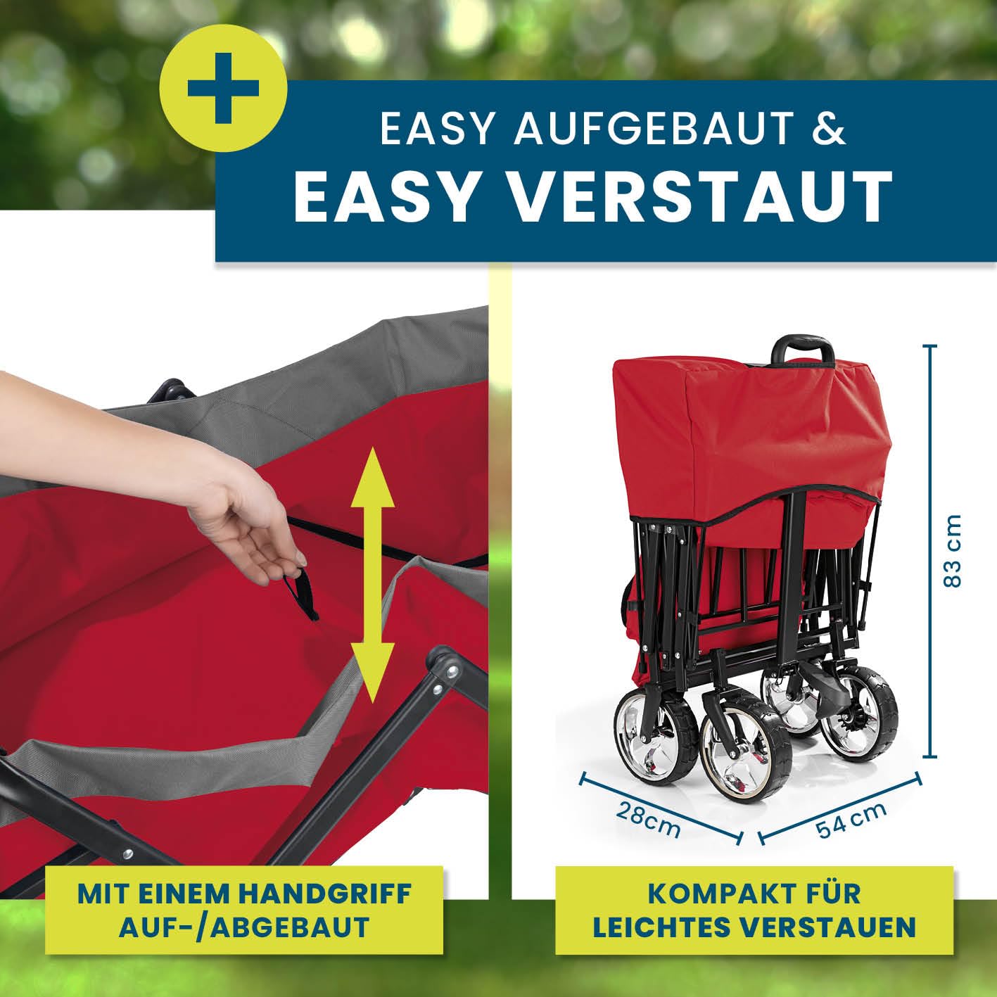 Hoberg Premium Klappbarer Transportwagen mit UV-Schutzdach, Getränkehalter & Bremse