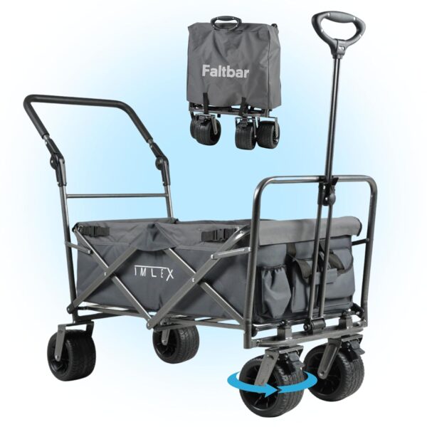 IMLEX Klappbarer Handwagen mit Schiebegriff, 3-Punkt-Gurt, Grau – Transportrolle