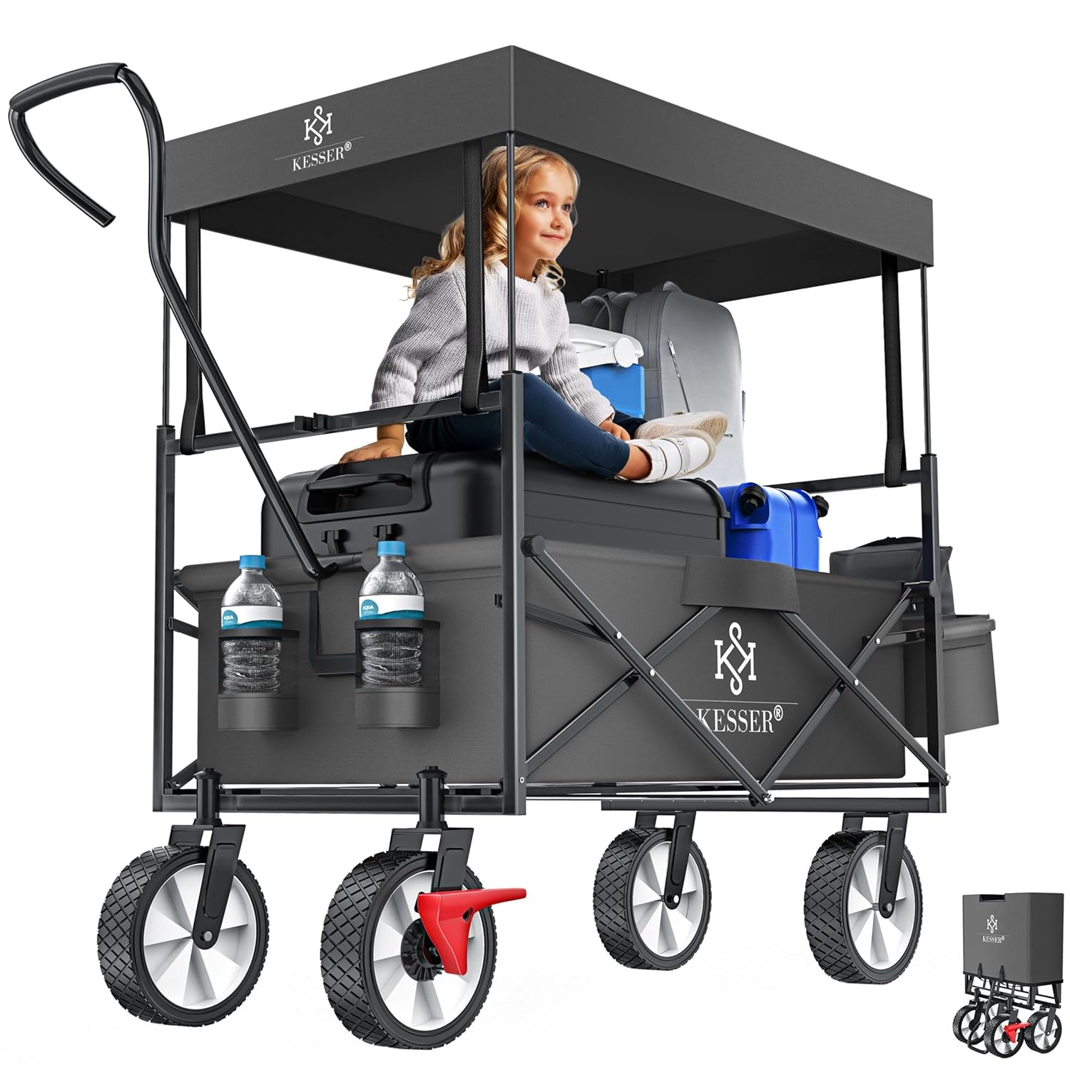 KESSER® Klappbarer Rollwagen mit Dach, 360° Lenklenkung, Feststellbremse, XXL-Tasche