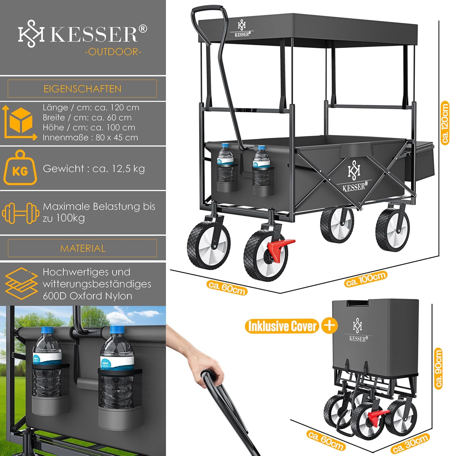 KESSER® Klappbarer Rollwagen mit Dach, 360° Lenklenkung, Feststellbremse, XXL-Tasche