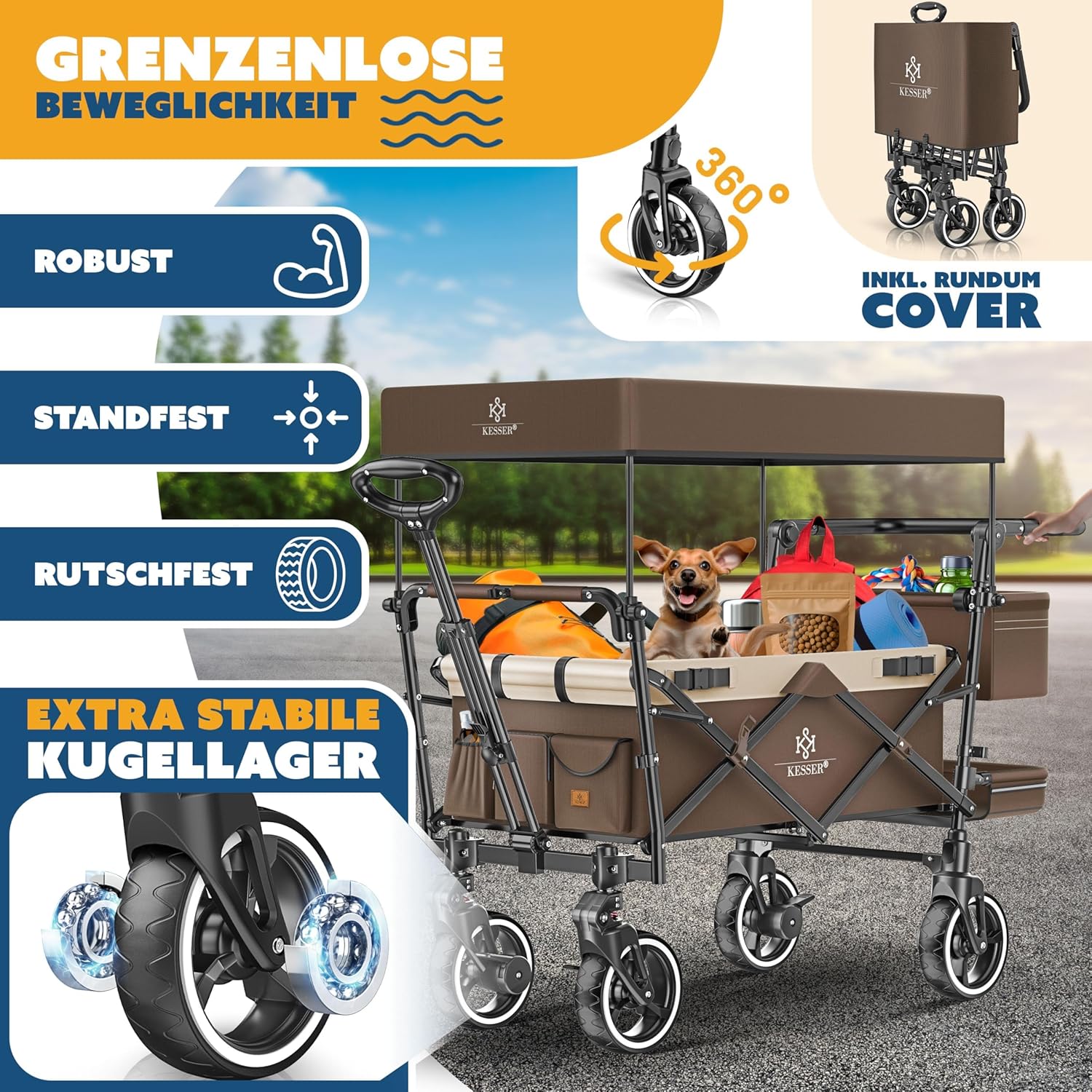 KESSER® Klappbarer Transportwagen GTS-9100 mit Dach, 150 kg Tragfähigkeit, Hartgummiräder, Feststellbremse