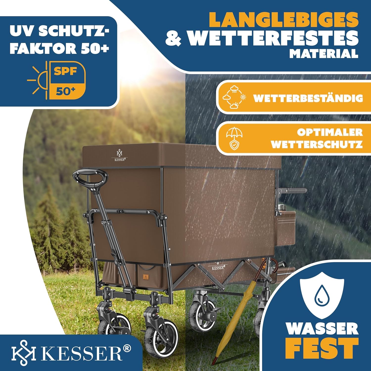 KESSER® Klappbarer Transportwagen GTS-9100 mit Dach, 150 kg Tragfähigkeit, Hartgummiräder, Feststellbremse