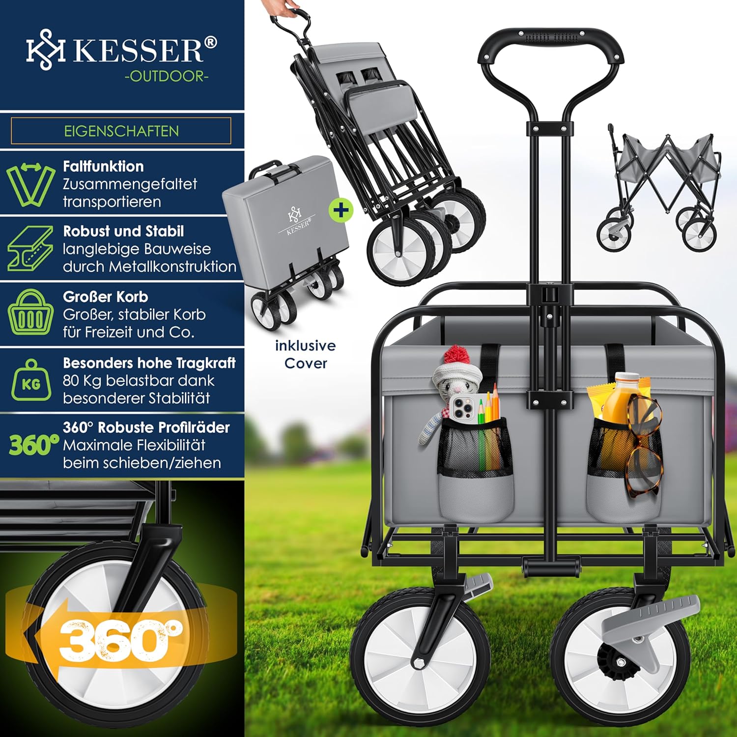 KESSER® Klappleiter mit 150 kg Tragfähigkeit, 360° PVC-Rädern und 2 Netz-Steckfächern – robuste Transportrolle